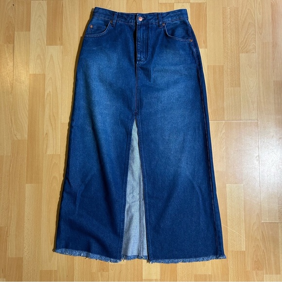 Anthropologie Pilcro The Madi Front Slit Dark Blue Denim Maxi Skirt Raw Hem - Picture 7 of 14